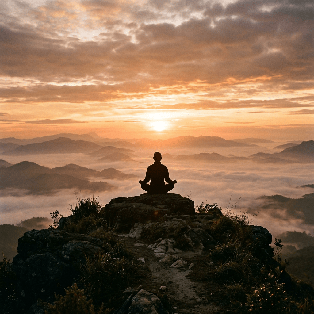 Person meditating in lotus pose on rocky mountain peak at sunrise