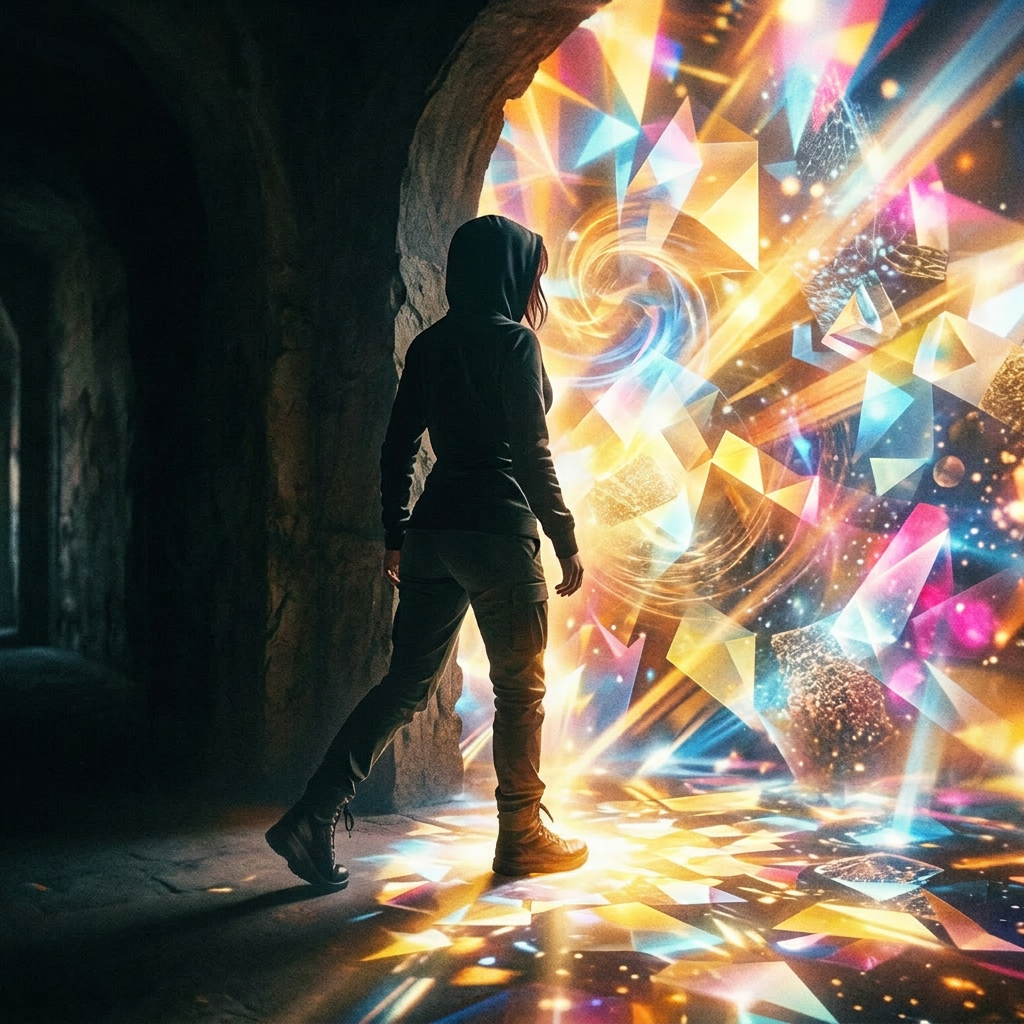 Silhouette of a hooded person entering a brightly lit portal with colorful geometric shapes and swirling light