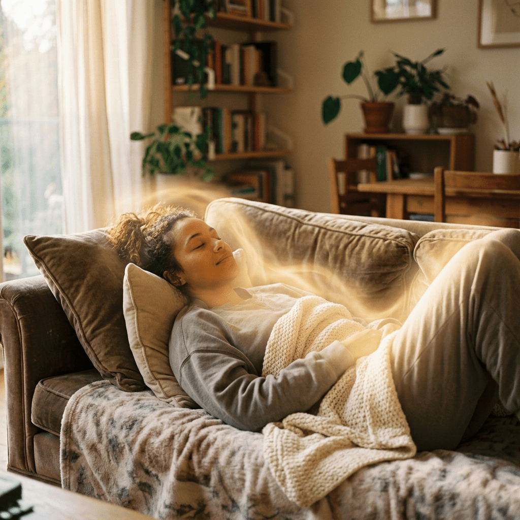 Woman lying on a couch with eyes closed, wrapped in a blanket and surrounded by a soft glowing light