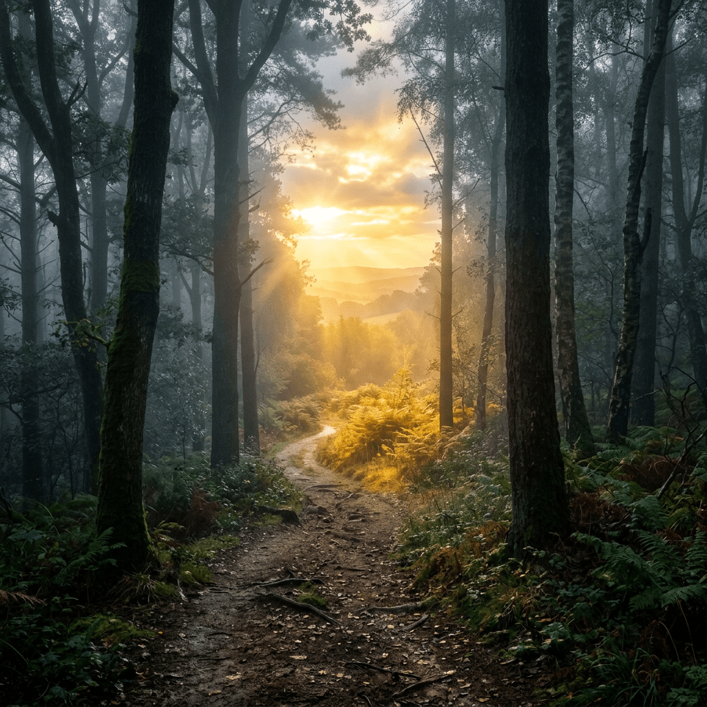 Winding forest trail illuminated by golden sunrise light through trees