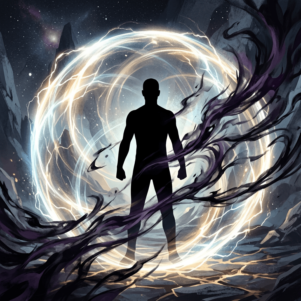 Silhouette of a person surrounded by a bright circular energy barrier and dark shadows