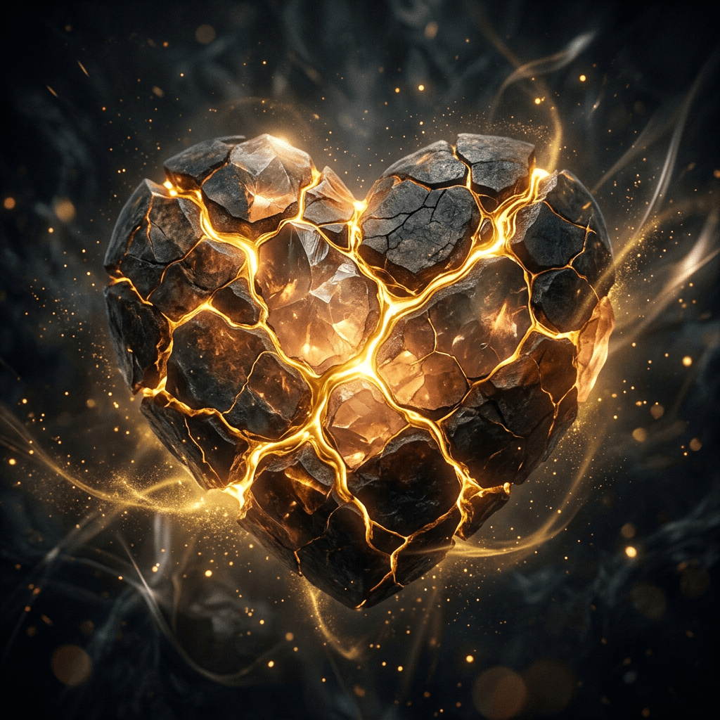 Heart-shaped volcanic rock cracked with glowing molten lava inside