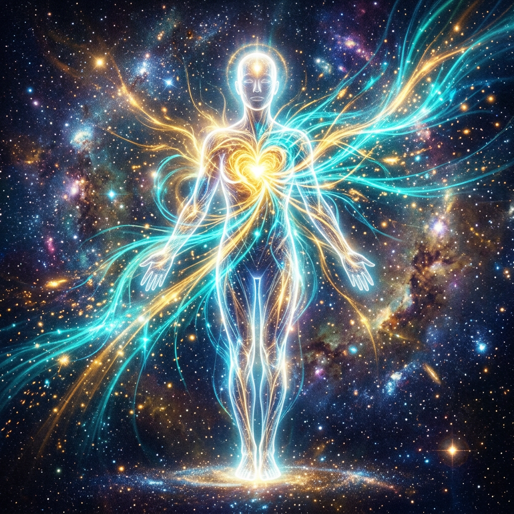 Glowing human figure with heart and forehead energy surrounded by cosmic stars and colorful light streams